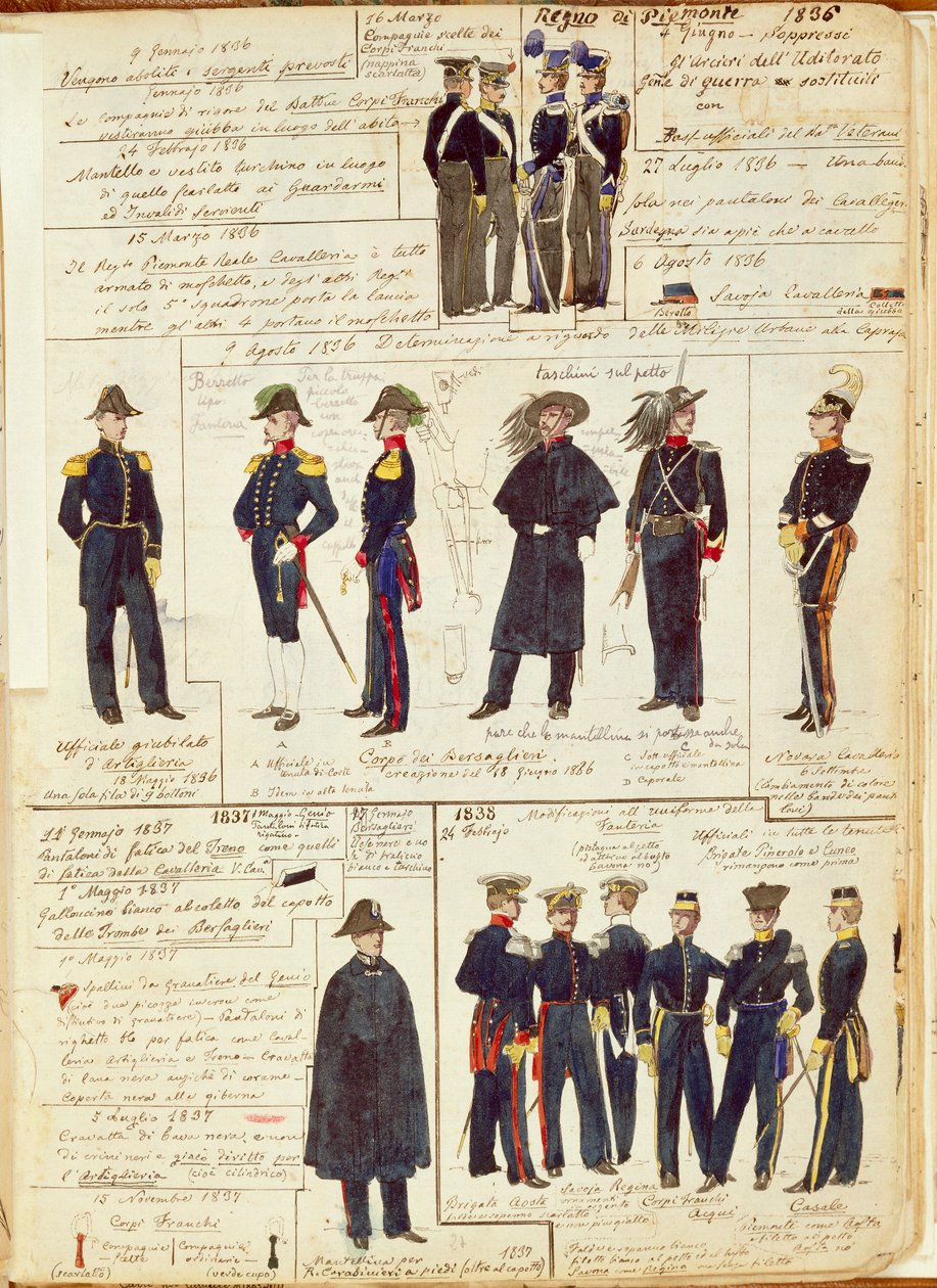 Piemonten armeijan univormut vuosina 1836-1886. Cenni Quinton värilevy tekijältä Quinto Cenni