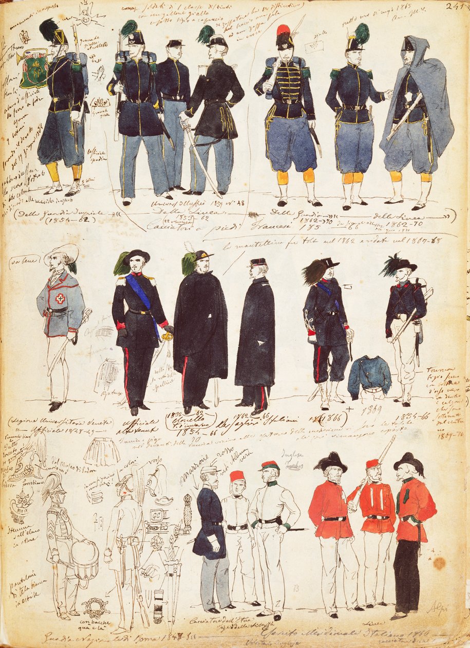 Erilaisia italialaisia univormuja yleisessä käytössä vuosina 1847-1870 Quinto Cenni, värikilpi tekijältä Quinto Cenni