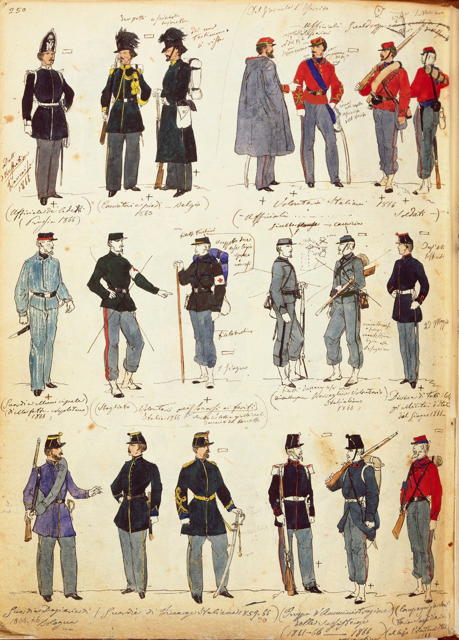Erilaisia italialaisia univormuja yleisessä käytössä vuosina 1859-1866 Quinto Cenni, värikilpi tekijältä Quinto Cenni