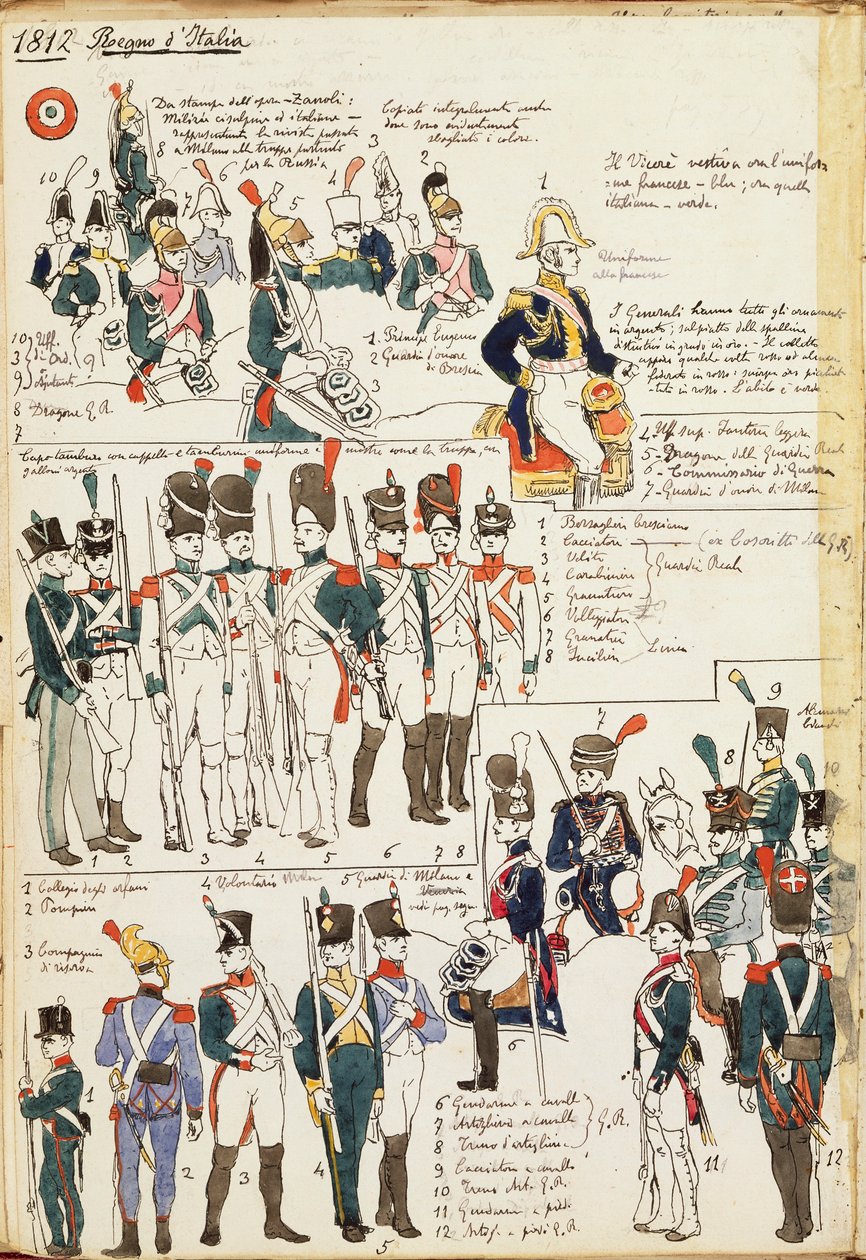 Erilaisia Italian kuningaskunnan univormuja vuodelta 1807. Cenni Quinton värilevy tekijältä Quinto Cenni