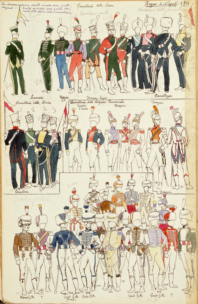 Napolin kuningaskunnan erilaisia univormuja vuodelta 1814. Cenni Quinton värilevy tekijältä Quinto Cenni