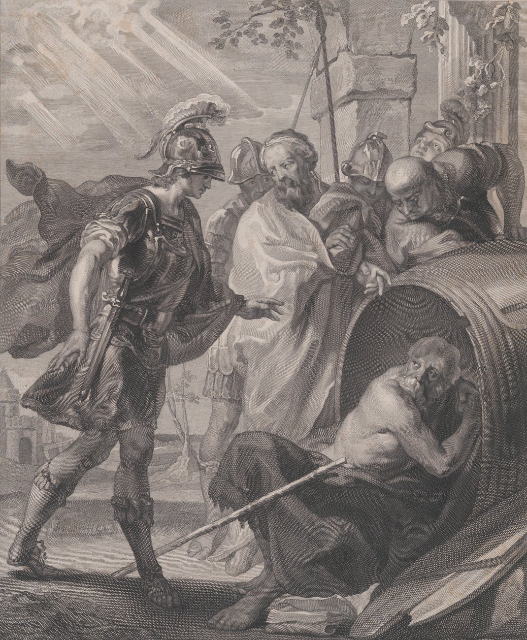 Diogenes Sinopelaisen ja Aleksanteri Suuren tapaaminen, 1784. tekijältä Quirin Mark