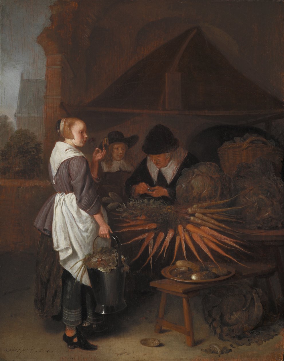 Vihanneskoju, 1665 (öljy tammilevylle) tekijältä Quiringh Van Brekelenkam