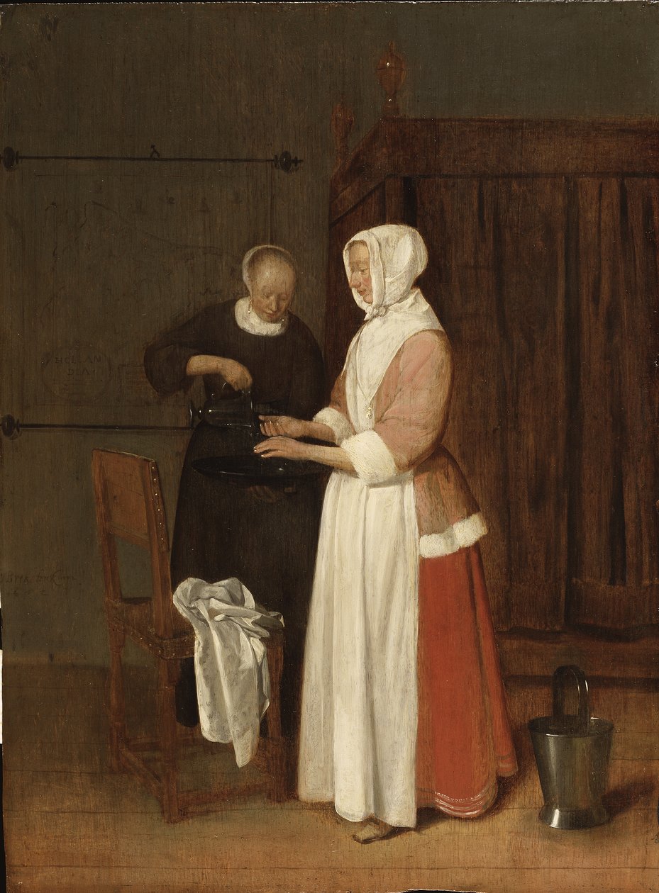 Nainen pesemässä käsiään, 1662 (öljy tammen päälle) tekijältä Quiringh Van Brekelenkam