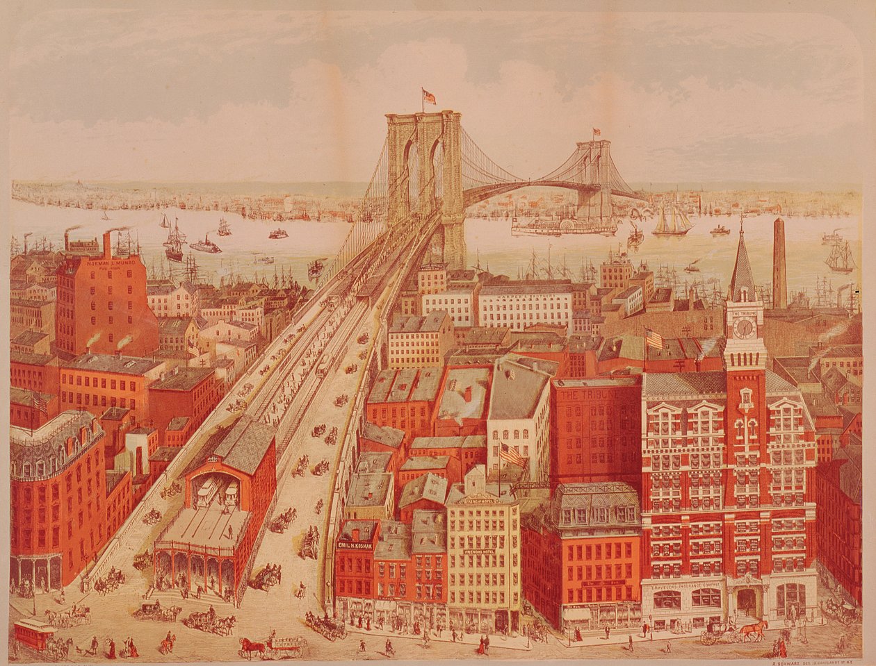 Brooklyn Bridge, noin 1883 tekijältä R. Schwarz