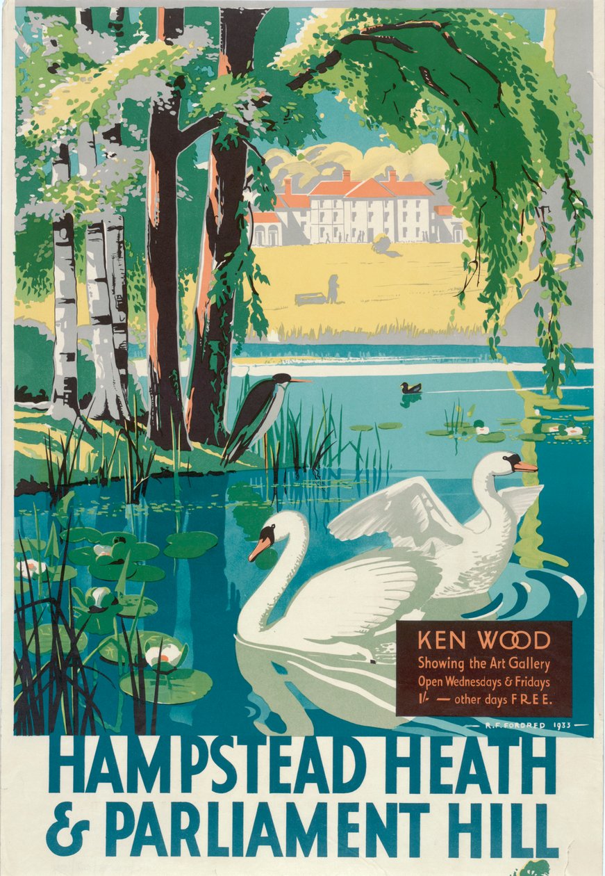 "Hampstead Heath and Parliament Hill", Lontoon kreivikuntaneuvoston LCC Tramways -juliste, 1933 tekijältä RF Fordred