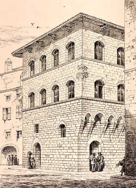 14th Century House, Firenze, Italia, julkaisusta "Esimerkkejä Italian ja Ranskan kunnallisesta, kaupallisesta ja katuarkkitehtuurista 1100-1400-luvulla", publ. kirjoittanut W. Mackenzie tekijältä R. (after) Anderson