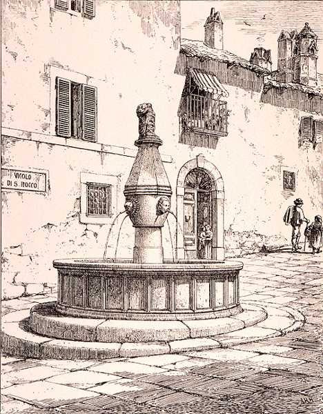 Vicolo di S. Roccon suihkulähde, Viterbo, Italia, teoksesta "Esimerkkejä Ranskan ja Italian kunnallisesta, kaupallisesta ja katuarkkitehtuurista 1200-luvulta 1400-luvulle", julkaissut W.Mackenzie. tekijältä R. (after) Anderson