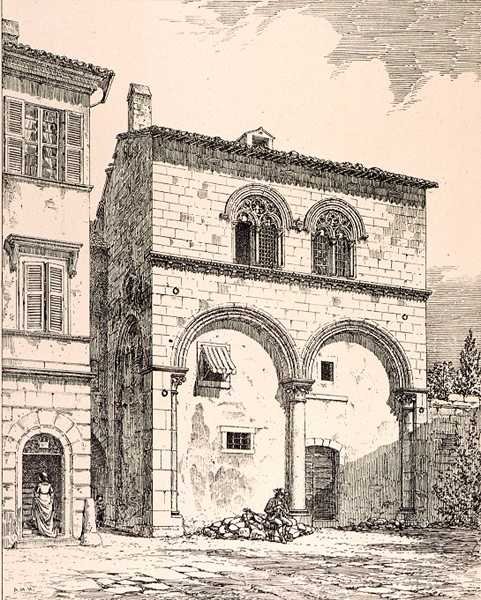 Talo Piazza del Duomolla, Viterbossa, Italiassa, julkaisusta "Esimerkkejä Ranskan ja Italian kunnallisesta, kaupallisesta ja katuarkkitehtuurista 1100-1400-luvulla", publ. kirjoittanut W. Mackenzie tekijältä R. (after) Anderson