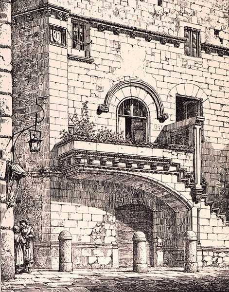 House of Santa Rosa, Viterbo, Italia, julkaisusta "Esimerkkejä Ranskan ja Italian kunnallisesta, kaupallisesta ja katuarkkitehtuurista 1100-1400-luvulla", publ. kirjoittanut W. Mackenzie tekijältä R. (after) Anderson