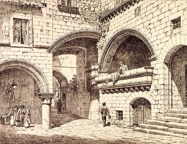 Osa Piazza San Pellegrinoa, Viterbo, Italia, julkaisusta "Esimerkkejä Ranskan ja Italian kunnallisesta, kaupallisesta ja katuarkkitehtuurista 1100-1400-luvulla, publ. kirjoittanut W. Mackenzie tekijältä R. (after) Anderson