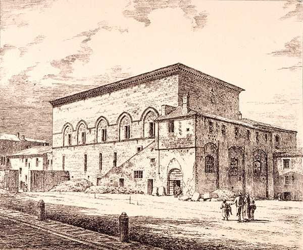 Paavien palatsin jäännökset, Orvieto, Italia, julkaisusta "Esimerkkejä Ranskan ja Italian kunnallisesta, kaupallisesta ja katuarkkitehtuurista 1100-1400-luvulla", publ. kirjoittanut W. Mackenzie tekijältä R. (after) Anderson