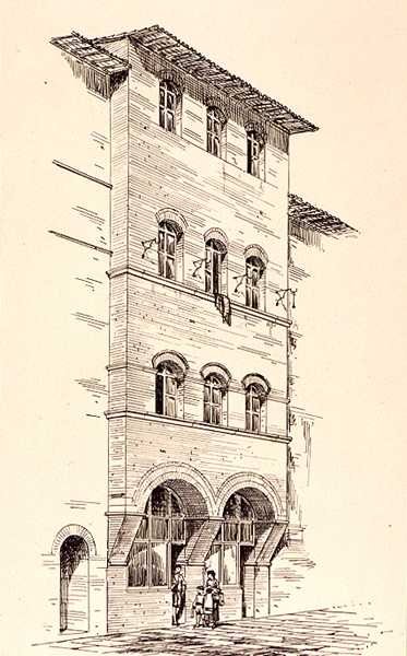 Näkymä tiilitalosta, Montepulciano, Italia, julkaisusta "Esimerkkejä Ranskan ja Italian kunnallisesta, kaupallisesta ja katuarkkitehtuurista 1100-1400-luvulla", publ. kirjoittanut W. Mackenzie tekijältä R. (after) Anderson