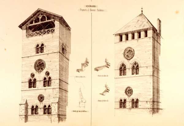 Fragmentteja Baronial Residences, Cahors, Ranska, julkaisusta "Esimerkkejä kunnallisista, kaupallisista ja katuarkkitehtuurista Ranskassa ja Italiassa 1100-1400-luvulla", publ. kirjoittanut W. Mackenzie tekijältä R. Anderson