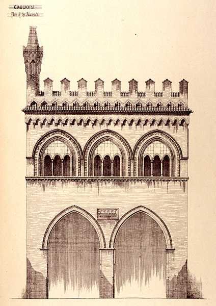 Jurisconsults Palace, Cremona, Italia, rakennettu vuonna 1292, "Esimerkkejä Ranskan ja Italian kunnallisesta, kaupallisesta ja katuarkkitehtuurista 1100-1400-luvulla" tekijältä R. Anderson