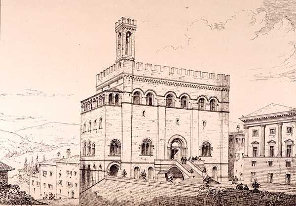 Palazzo del Comune, Gubbio, Italia, julkaisusta "Esimerkkejä Ranskan ja Italian kunnallisesta, kaupallisesta ja katuarkkitehtuurista 1100-1400-luvulla" jul. kirjoittanut W. Mackenzie tekijältä R. Anderson