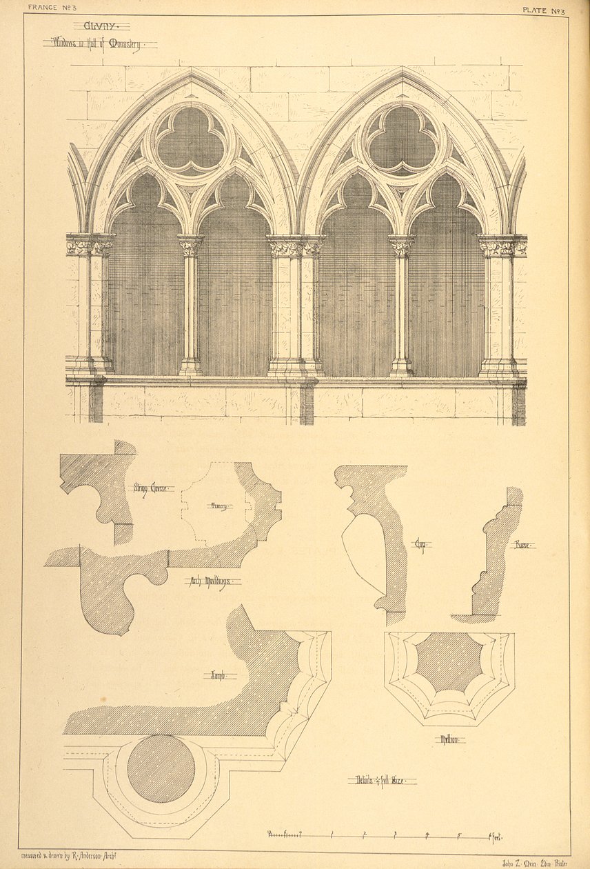 Clunyn luostarin salin ikkunat, teoksesta "Esimerkkejä Ranskan ja Italian kunnallisesta, kaupallisesta ja katuarkkitehtuurista 1200-1500-luvuilla", 1841. tekijältä R. Anderson