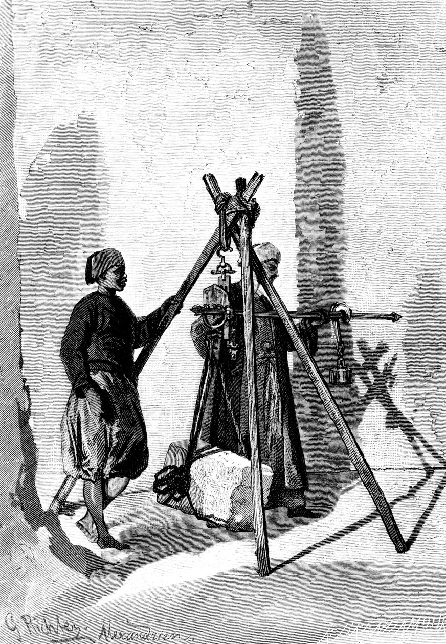 Kivikappaleiden punnitus, Egypti, 1880 tekijältä R. Brandamour