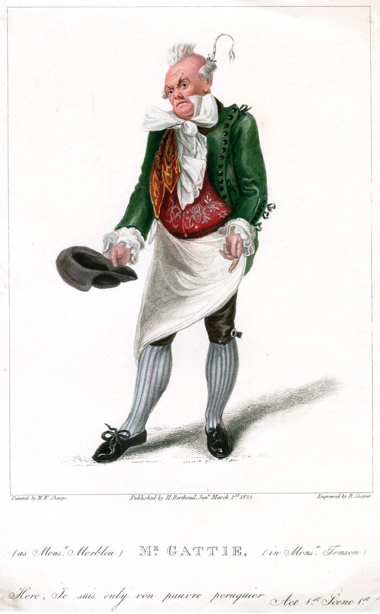 Herra Gattie Monsieur Morbleuna elokuvassa Monsieur Tonson, 1822. tekijältä R. Cooper
