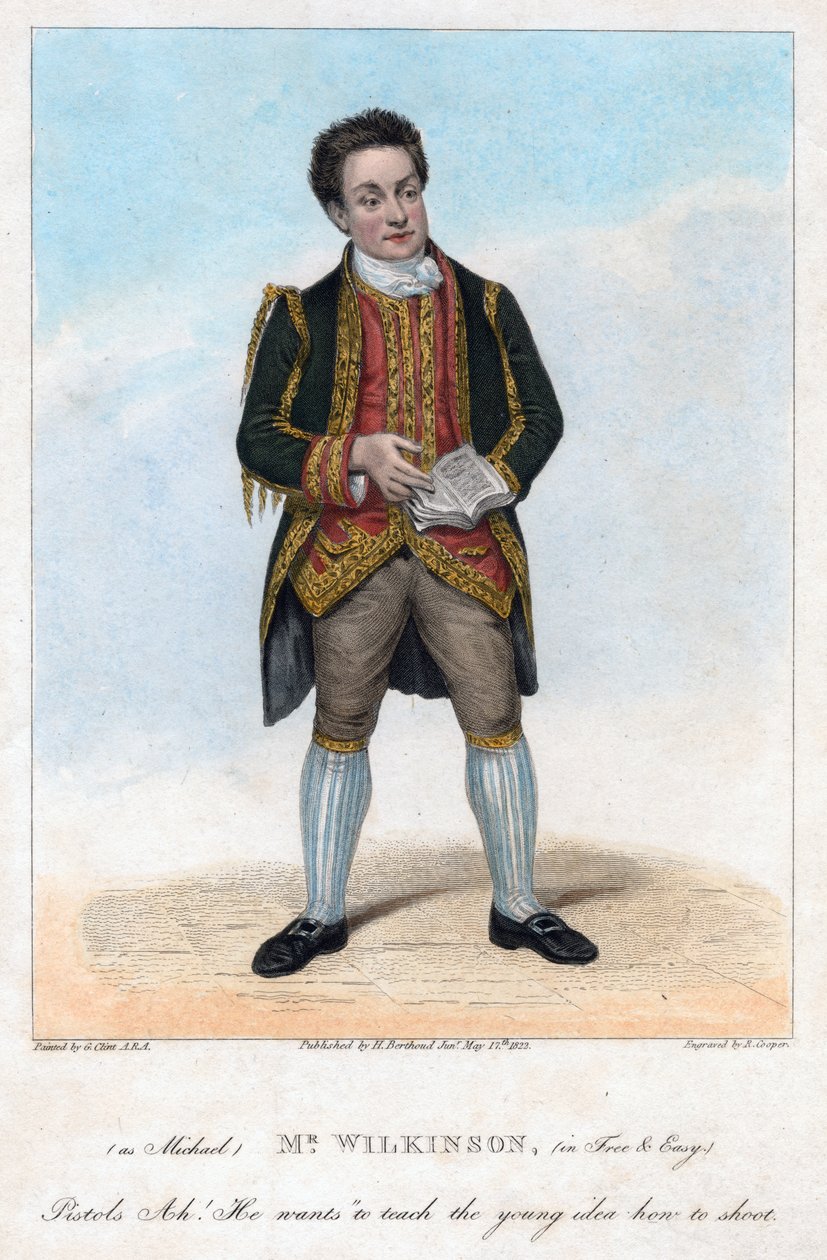 Mr Wilkinson Michaelina elokuvassa Free and Easy, 1822. tekijältä R. Cooper