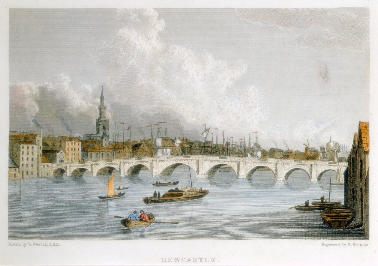 Kivinen kaareva silta Tynen yli Newcastle-upon-Tynessä, Englannissa, vuodelta 1830. tekijältä R Francis