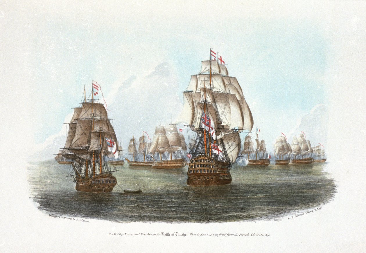 HMS "Victory" ja "Euryalus" Trafalgarin taistelussa, kun ensimmäinen tykki ammuttiin ranskalaisen amiraalin aluksesta (värillinen litografia). tekijältä R. H. Nimmo