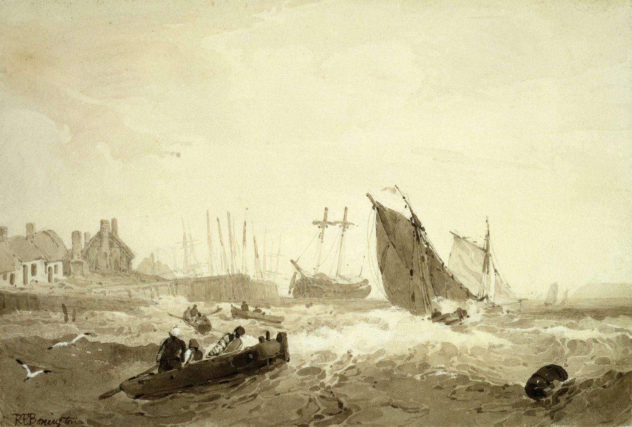 St-Valery-Sur-Sommen lähetys, n. 1821 (ruskea pesu grafiitin päällä) tekijältä R. P. Bonnington
