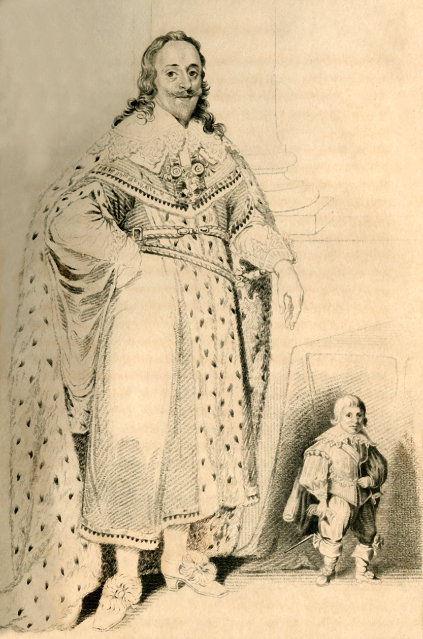 Jeffery Hudson, 30-vuotias, 18 tuumaa korkea. - Kääpiö kuningas Kaarle Ensimmäiselle, 1821. tekijältä R. Page