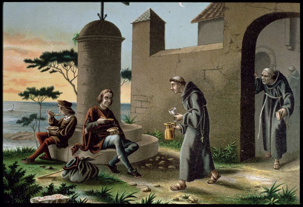 Kristoffer Kolumbuksen (1451-1506) saapuminen poikansa kanssa Rabidan luostariin, Amerikan löytöstä, joka julkaistiin Barcelonassa vuonna 1878 (värilitho) tekijältä R. Puiggari