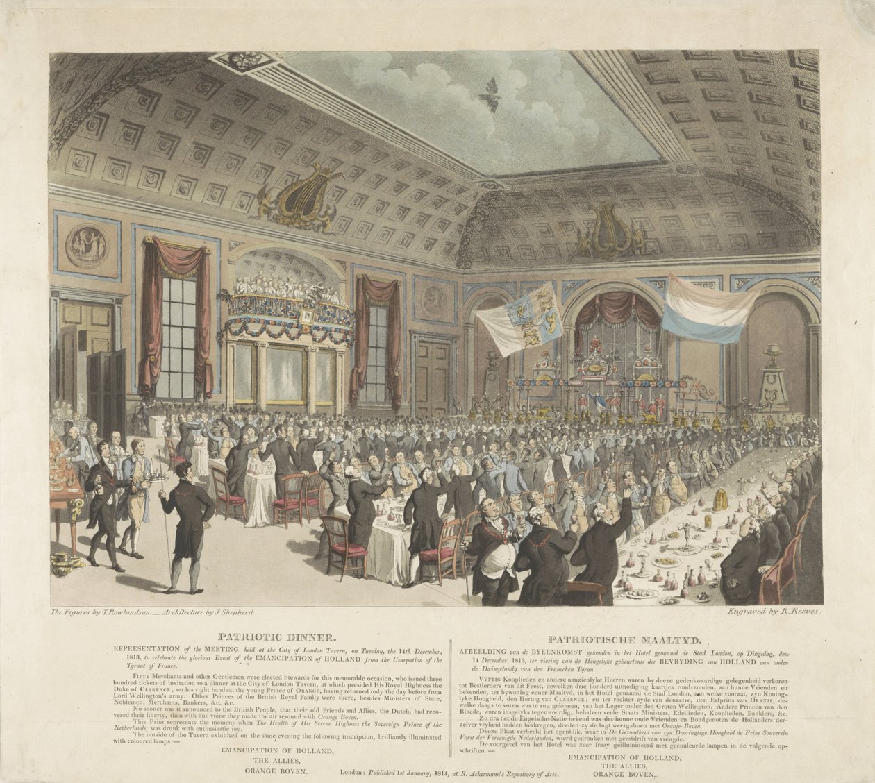 Isänmaallinen ateria Lontoossa, 1813 Isänmaallinen illallinen. Edustus City of London Tavernissa pidetystä kokouksesta tiistaina 14. joulukuuta 1813 (...) / Patriotische Mealtyd. Kuva City L -hotellissa pidetystä kokouksesta tekijältä R. Reeves