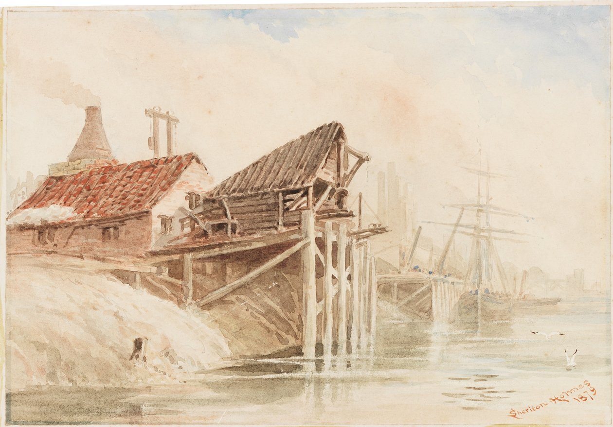 Old Coal Shipping Staithes lähellä Wallsendia (kynä ja wc paperille liimattu kortille) tekijältä R. Sheriton Holmes