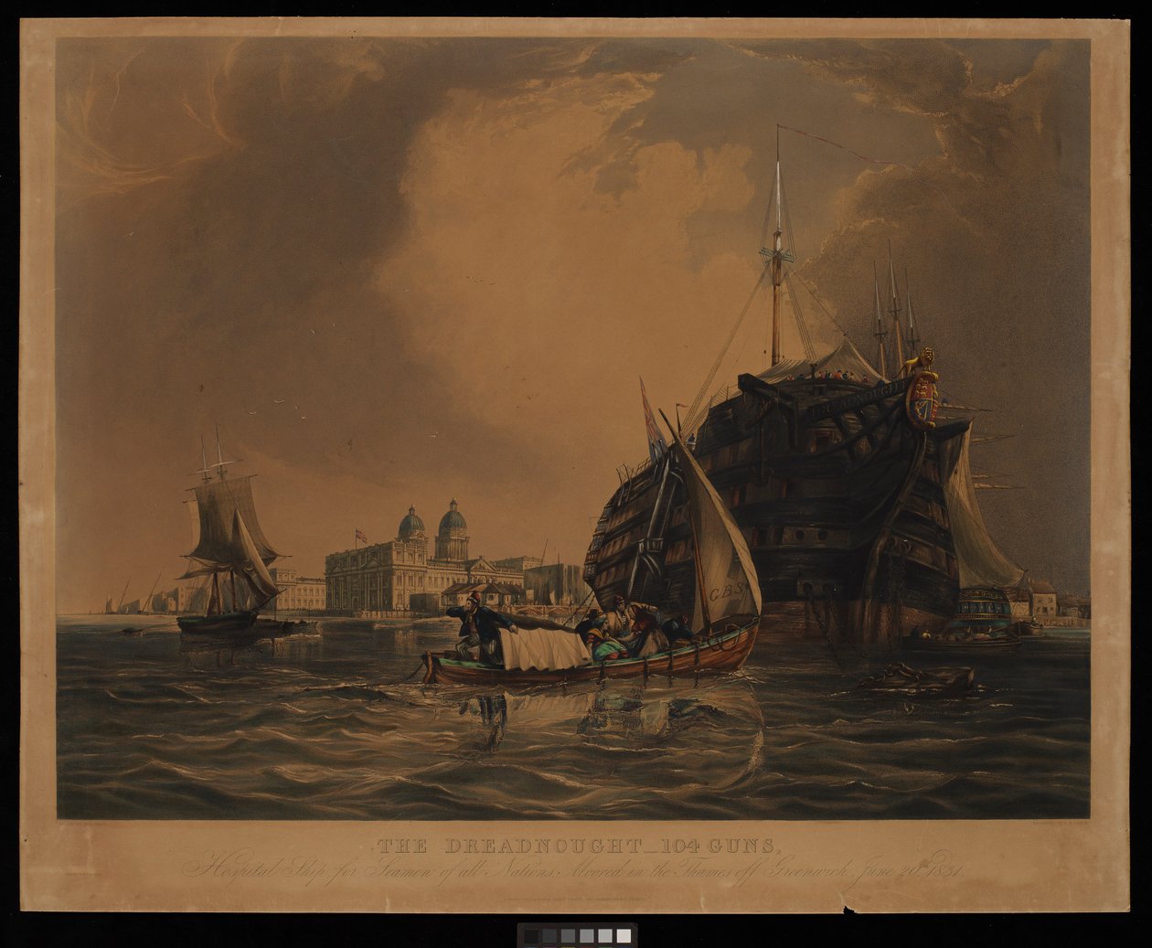 Dreadnought 104 tykkiä, sairaalalaiva kaikkien kansojen sotilaille, ankkuroituna Thamesissa Greenwichin edustalla, 20. kesäkuuta 1831. tekijältä R. W. Price