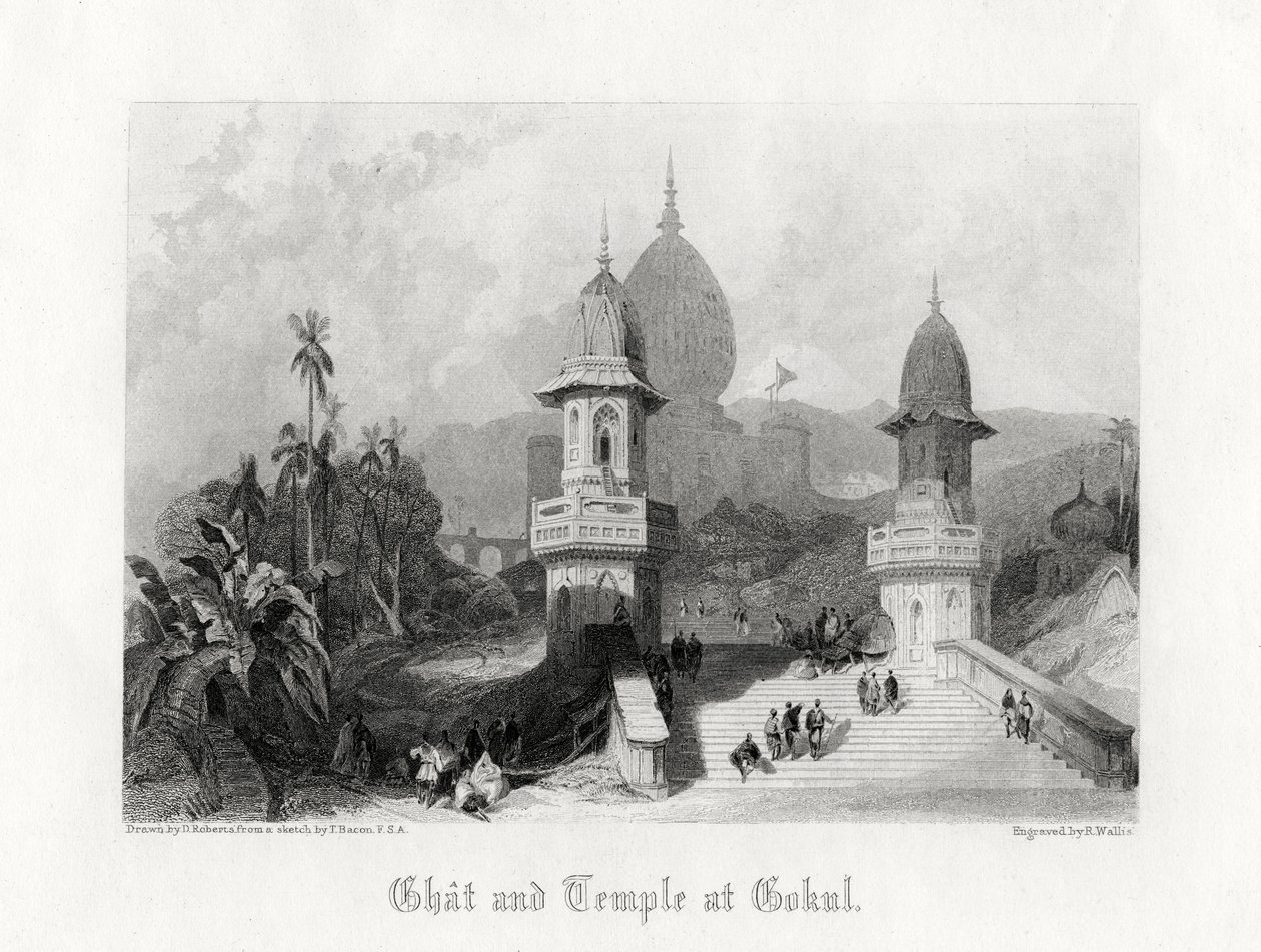 Ghat ja temppeli Gokulissa, Intiassa, vuonna 1838. tekijältä R. Wallis