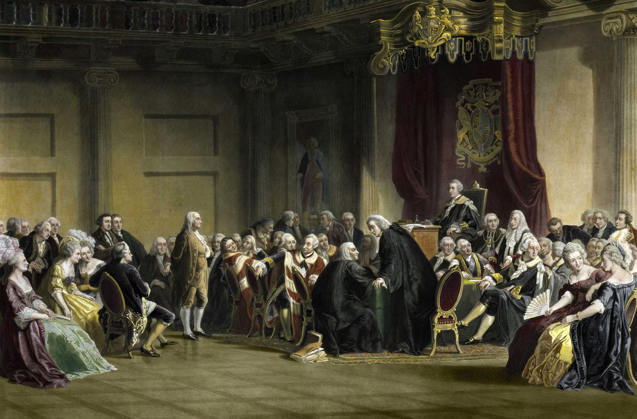 Benjamin Franklin (1706-1790), yhdysvaltalainen filosofi, fyysikko ja valtiomies Lords of the Privy Councilin edessä, Whitehall Chapel, Lontoo tekijältä R. Whitechurch