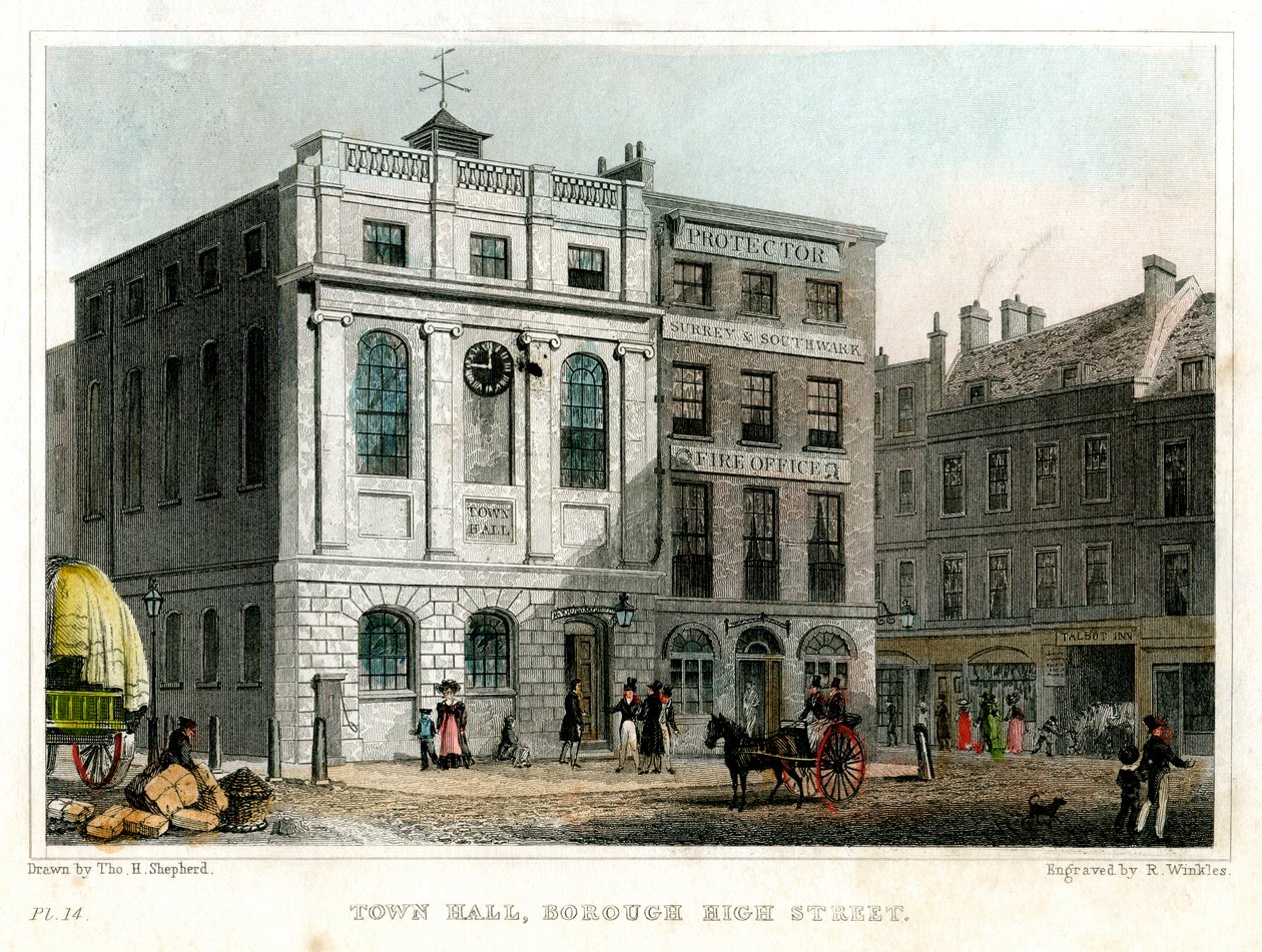 Town Hall, Borough High Street, Southwark, Lontoo, 1830. tekijältä R. Winkles