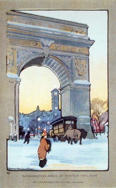 Washington Square Arch at Winter Twilight, postikortti, n. 1914 (värilitho) tekijältä Rachael Robinson (after) Elmer