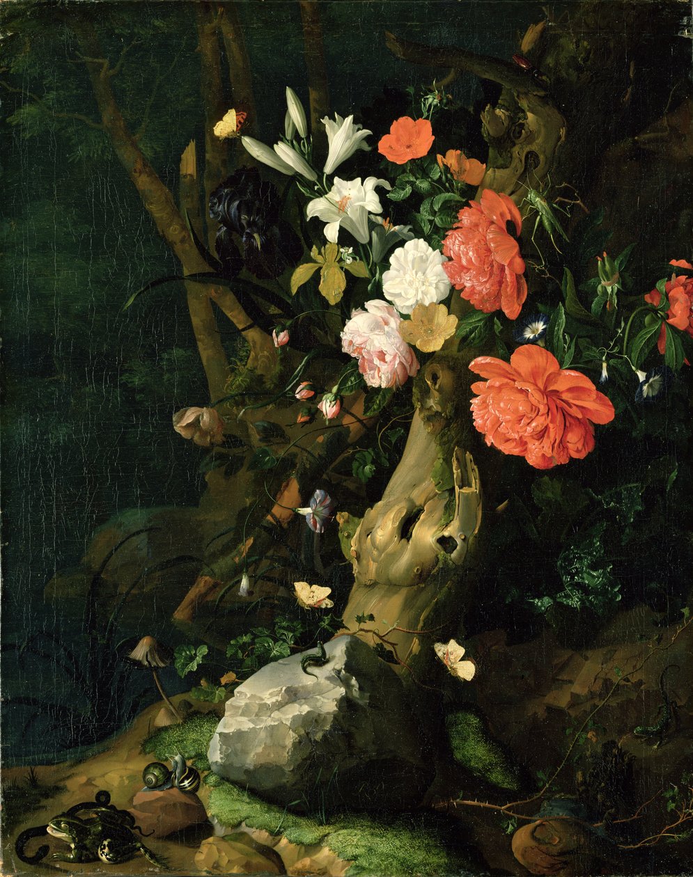 Kukkien asetelma metsämaassa, n. 1690 tekijältä Rachel Ruysch