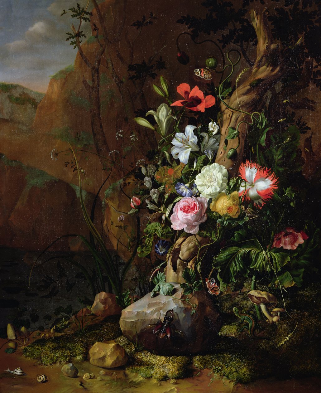 Puunrunko kukkien, perhosten ja eläinten ympäröimänä, 1685 tekijältä Rachel Ruysch