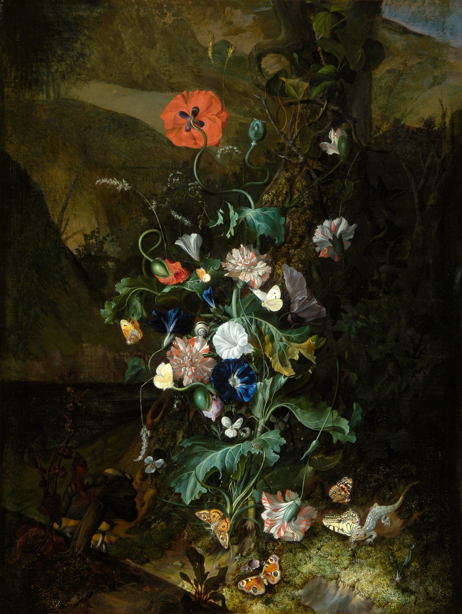 Kukkien asettelu puunrungon äärellä , noin 1683 (öljy kankaalle) tekijältä Rachel Ruysch