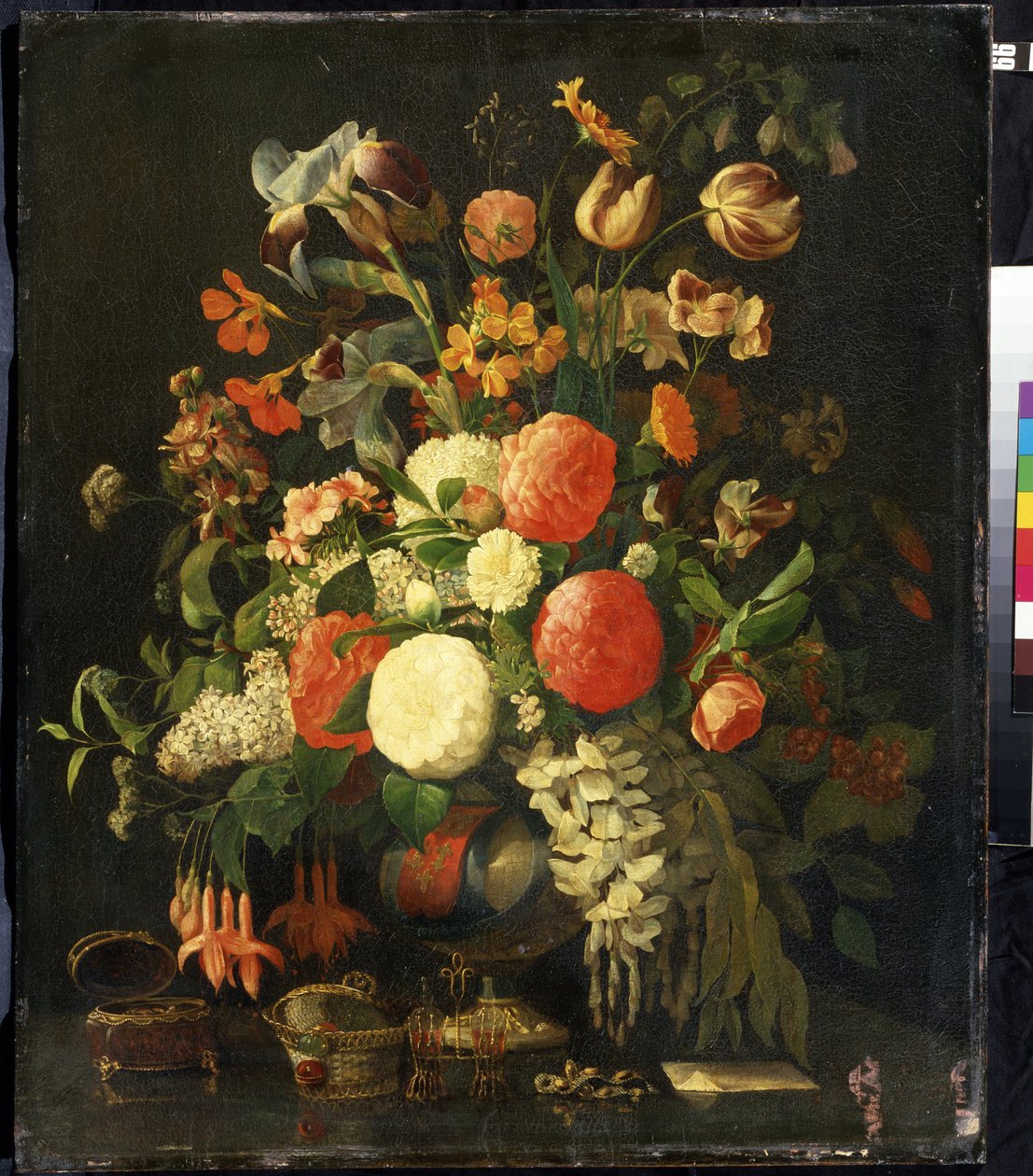 ""Kukkakimppu"" (Kukat) Pöydällä on korurasiat. Rachel Ruyschin (1664-1750) maalaus 1700-luvun Mihail Kroshitskyn taidemuseo, Sevastopol (Sevastopol) Ukraina tekijältä Rachel Ruysh