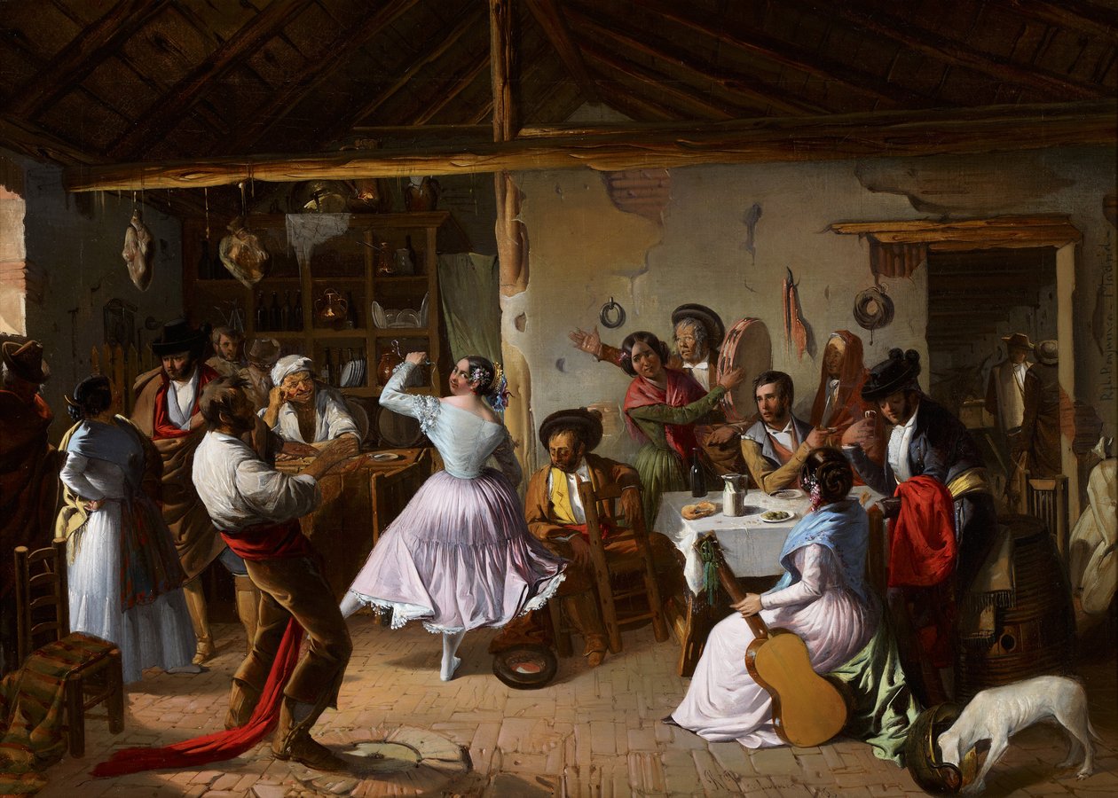 Tanssi Country Innissä - Benjumea, Rafael (n. 1825 - n. 1887) - 1850 - Öljy kankaalle - 46x65 - Carmen Thyssen -museo, Málaga tekijältä Rafael Benjumea