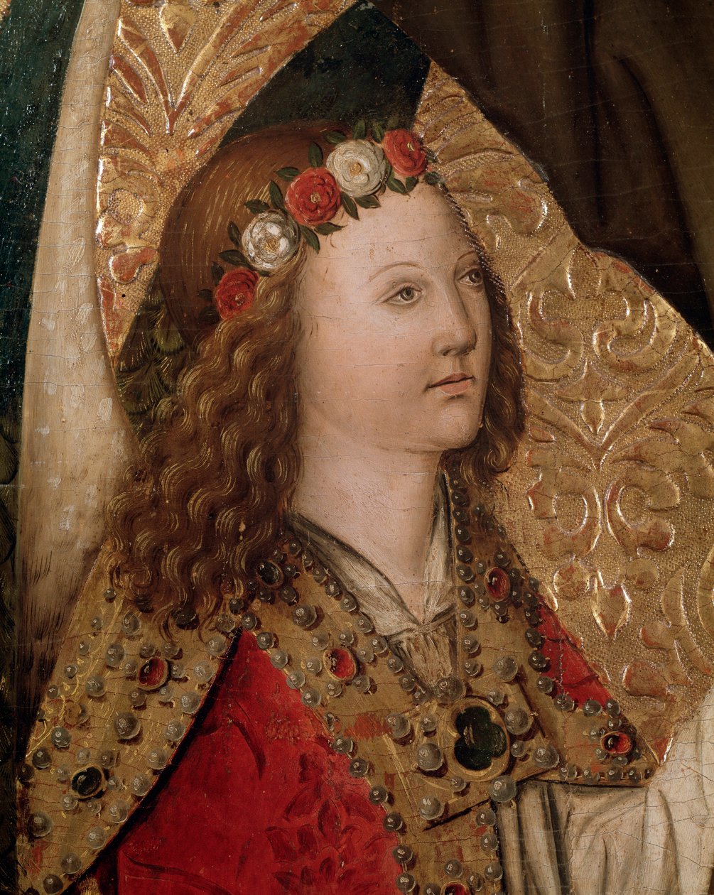 Enkeli, yksityiskohta St Bernardin of Sienan alttaritaululta (öljy paneelissa tekijältä Rafael & Figuera Joan (active c.1454 1477) Tomas