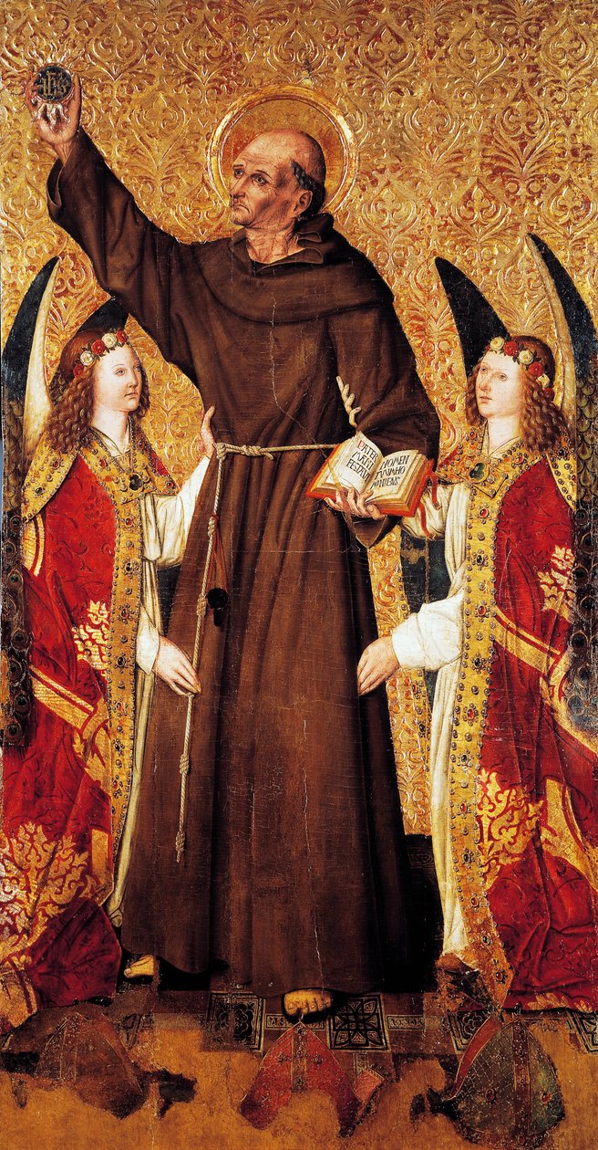 Pyhä Bernard ja enkelit, Rafael Tomasin (aktiivinen 1455-1479) Pyhän Bernardin alttaritaulun keskipaneeli, Joan Figueran predella (aktiivinen vuodesta 1454-kuoli 1477 tai 1479), paneelin tempera, 398, 9x253 cm tekijältä Rafael & Figuera Joan (active c.1454 1477) Tomas