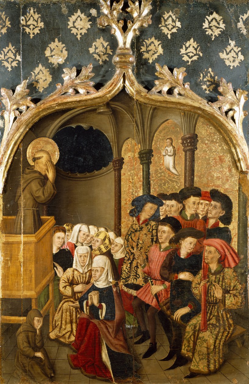 Visão durante o sermão, detalhe do painel esquerdo do Retábulo de São Bernando de Rafael Tomas (ativo 1455-1479), predela de Joan Figuera (ativo de 1454-falecido em 1477 ou 1479), têmpera no painel, 398, 9x253 cm finlandês tekijältä Rafael & Figuera Joan (active c.1454 1477) Tomas