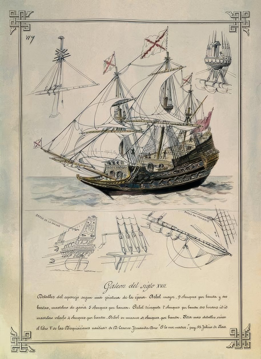 GALEONI 1600-luvulta 1800-luvun piirroksessa tekijältä Rafael Monleon y Torres