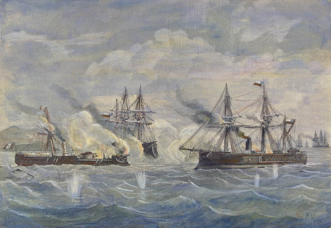 Merivoimien taistelu perulaisen Huascar-laivan välillä chileläistä Blanco Encaladaa ja Cochranea vastaan vuonna 1879 tekijältä Rafael Monleon y Torres