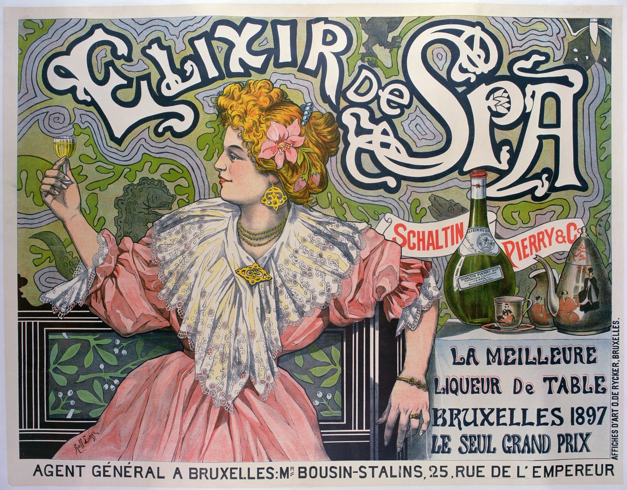 Julisteen mainonta "Elixir de Spa" belgialainen likööri tekijältä Raff (1861 1952)
