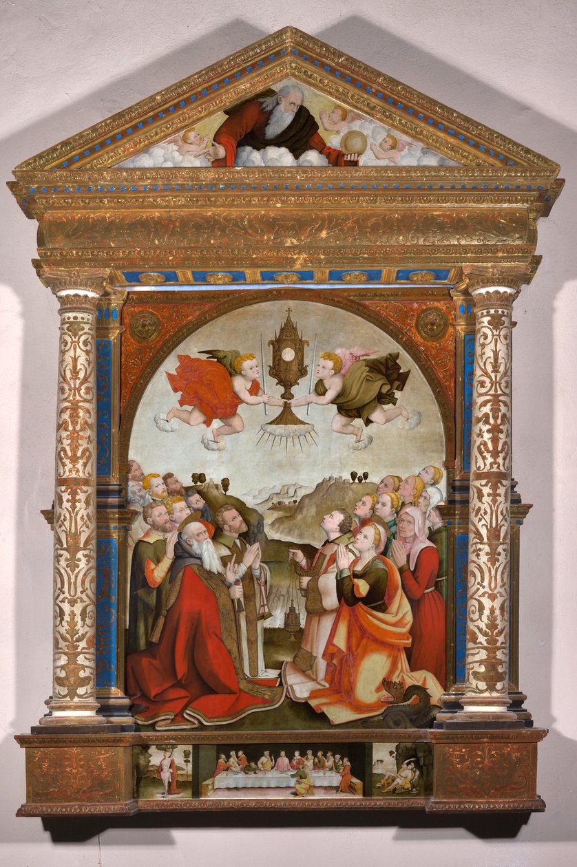 Alttaritaulu, joka esittää pyhän sakramentin palvomista predellassa: Sebastian ja Saint Roch. tekijältä Raffaele De (fl.1514 1573) Pancalino