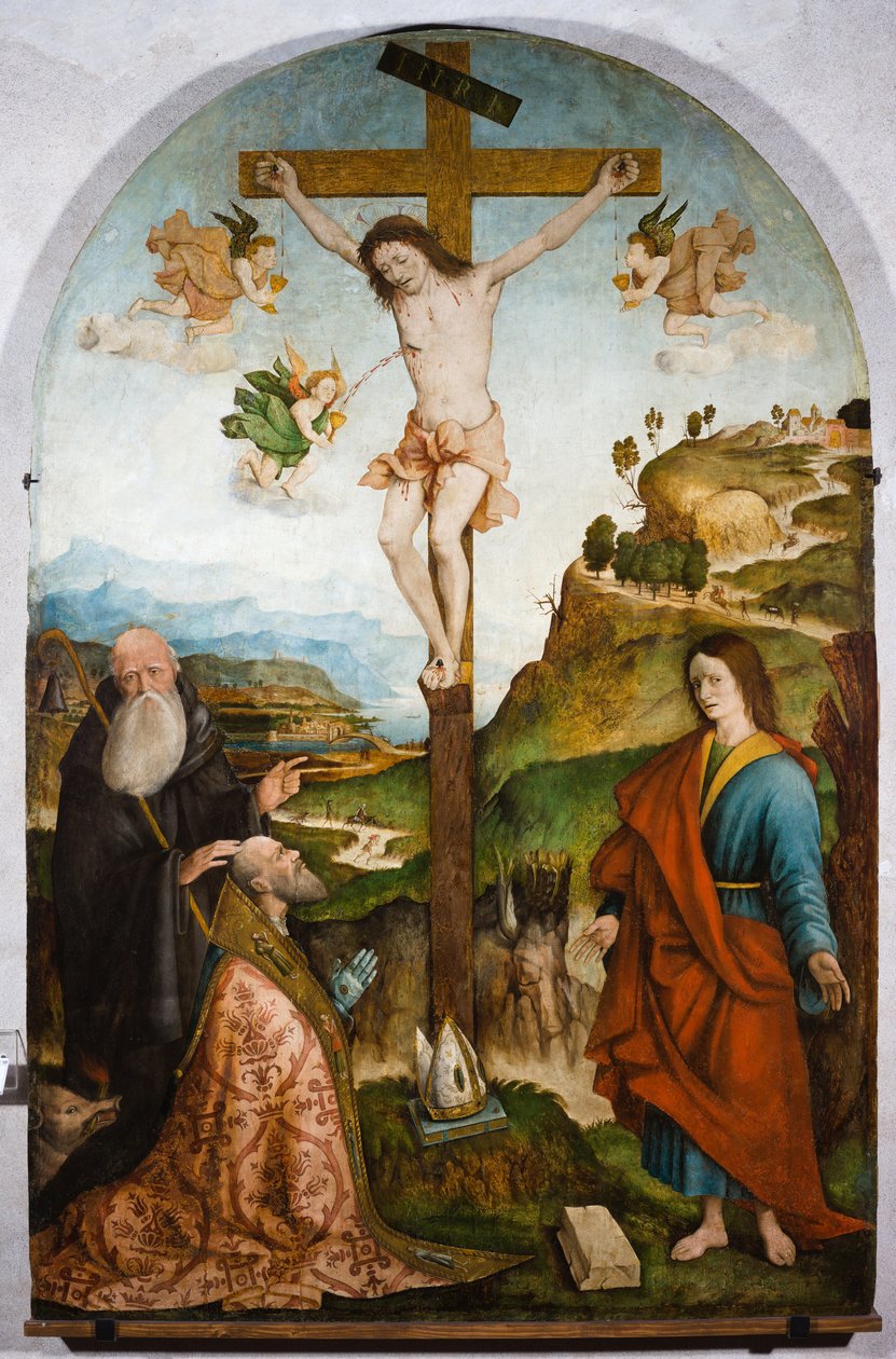 Ristiinnaulitseminen, noin 1528 (tempera paneelille). tekijältä Raffaele De (fl.1514 1573) Pancalino