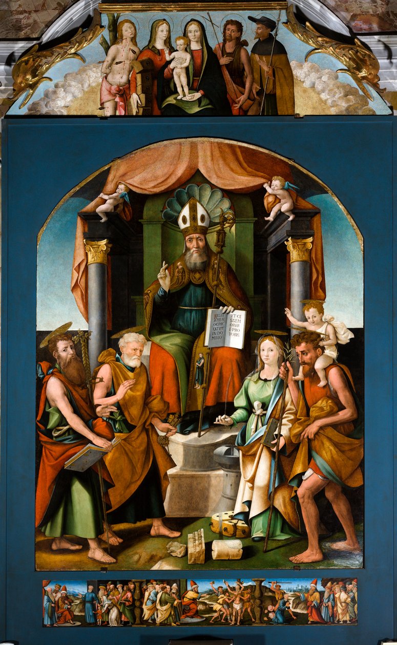 Pyhä Blaise valtaistuimella pyhien Pietarin, Paavalin, Katariina Aleksandrialaisen ja Kristoffer Kristuksen välissä, keskeinen alttaritaulu. tekijältä Raffaele De (fl.1514 1573) Pancalino